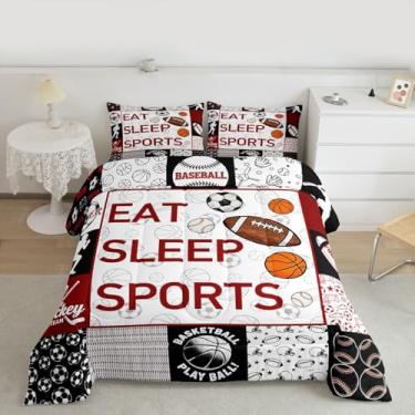 Imagem de Feelyou Conjunto de cama esportivo para meninos e meninas, futebol, futebol, tamanho casal, crianças, adolescentes, amantes de esportes, presente, edredom de basquete, hóquei no gelo, decoração de