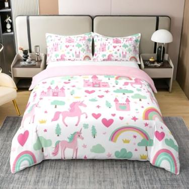 Imagem de jejeloiu Capa de edredom Pink Castle 100% algodão Queen Size meninos meninas unicórnio conjunto de cama respirável macio princesa edredom capa de edredom 3 peças contos de fadas decoração de quarto