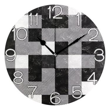 Imagem de GAIGEO Relógio de parede decorativo xadrez preto e branco listrado analógico relógio de cozinha bonito operado por bateria silencioso, decoração de parede vintage, sala de estar, 25 cm, ponteiros