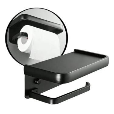 Imagem de Suporte de Papel Higiênico de Parede Premium com Prateleira para Celular, Preto, 18x10x8cm, Multifuncional para Banheiro