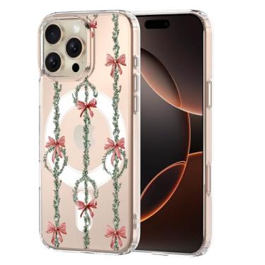 Imagem de MAYCARI Capa para iPhone 16 Plus, linda capa de celular magnética transparente com ramos de visco de Natal, compatível com MagSafe, capa protetora transparente à prova de choque para mulheres e