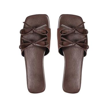 Imagem de OYOANGLE Sandália feminina com laço quadrada, bico aberto, rasteira, sem cadarço, elegante, Marrom café, 37