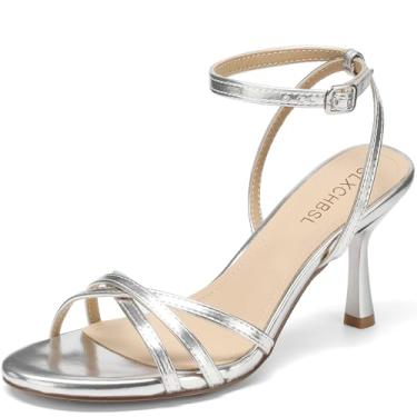 Imagem de SLXCHBSL Sandálias femininas de salto com tiras, salto grosso, bico redondo, tira no tornozelo, sapatos sociais para casamento ou festa, Aa-prata, 35