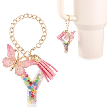 Imagem de Acessórios de copo com pingente de letra, decoração de copo de alfabeto fofo com alça de caneca, pingentes de decoração com borboleta, para Stanley Tumblers, presente feminino e feminino (Y)