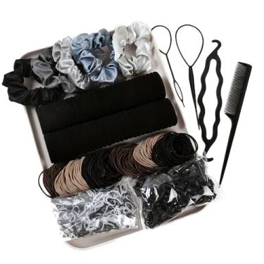 Imagem de Conjunto de acessórios de cabelo escuro feminino, 1109 peças, laços elásticos para cabelo sem costura, suportes de rabo de cavalo, elásticos de cabelo estilo minimalista, elásticos descartáveis preto