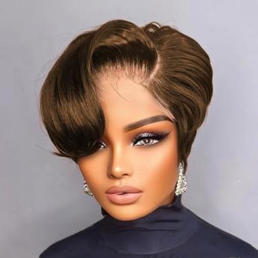 Imagem de PangDongLai Perucas de cabelo humano Pixie Cut Lace Front 13x4x1 Perucas frontais de renda marrom chocolate 4# para uso diário Perucas curtas e retas Bob Perucas de corte Pixie para mulheres negras (4