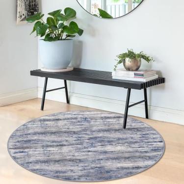 Imagem de KOZYFLY Tapete circular abstrato moderno, 1,8 m, lavável para cozinha, tapete redondo antiderrapante, macio, pequeno, tapete de entrada listrado, cinza-azul, tapete de entrada de lã sintética para