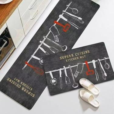 Imagem de Kit 2 Tapetes de Cozinha Antiderrapantes e Absorventes – Passadeira 40x120cm + Tapete 40x60cm em Poliéster(talheres branco e vermelho,1)