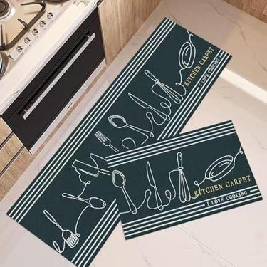 Imagem de Kit 2 Tapetes de Cozinha Antiderrapantes e Absorventes – Passadeira 40x120cm + Tapete 40x60cm em Poliéster(talheres branco,1)