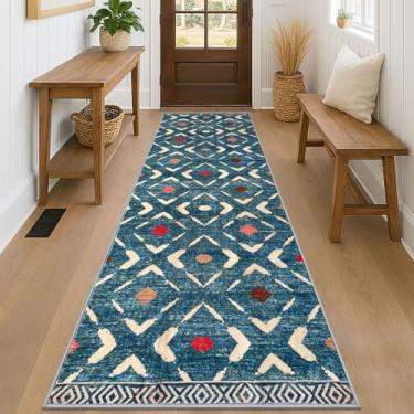Imagem de KILOCOCO Tapete de corredor de 8 x 20 cm para corredores, tapete lavável, antiderrapante, para lavanderia, tapete de pêlo baixo, para quarto, cozinha, sala de estar, boho, azul-petróleo