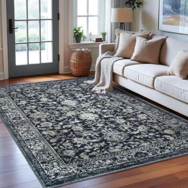 Imagem de KILOCOCO Tapete de sala de estar, 15 x 23 cm, lavável, vintage, floral, tapete de quarto, antiderrapante, tapete de entrada, tapete de cozinha para lavanderia, sala de jogos, tapete marroquino, preto