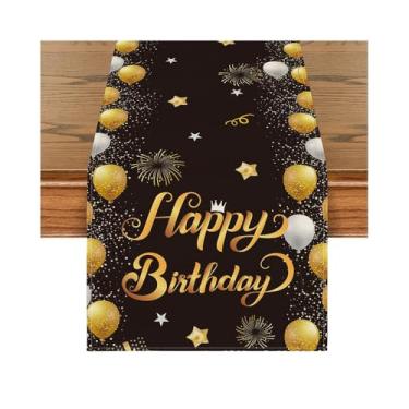 Imagem de Caminho de mesa de feliz aniversário de 33 x 182 cm, padrão de fogos de artifício de balões com estrelas, mesa de jantar, decoração de festa em casa, preto
