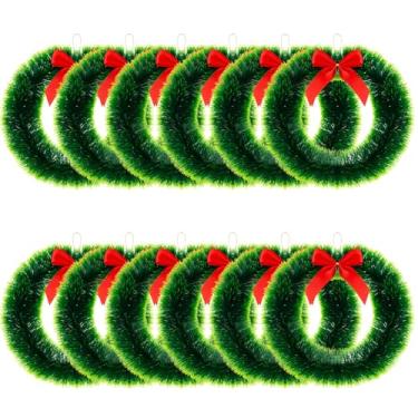 Imagem de Wavyknot 12 grinaldas de Natal de 30,5 cm com laço vermelho, guirlanda de Natal artificial a granel, decoração criativa de inverno, enfeites de árvore de Natal para janela, porta da frente, cozinha