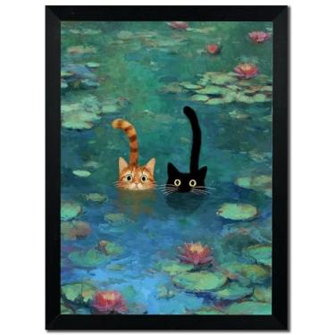 Imagem de Arte de parede em tela engraçada de gato emoldurado preto com imagem de lírio d'água pintura de animal retrô preto e gato laranja impressões para sala de estar, quarto, banheiro, escritório, decoração