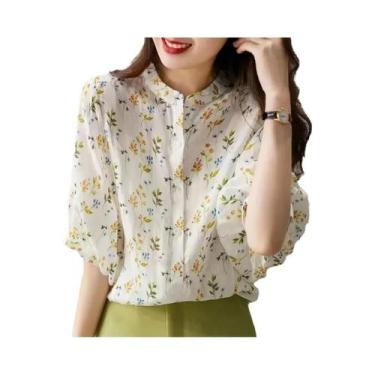Imagem de Camisa Feminina Casual De Verão Com Estampa Floral, Manga Bufante Solt