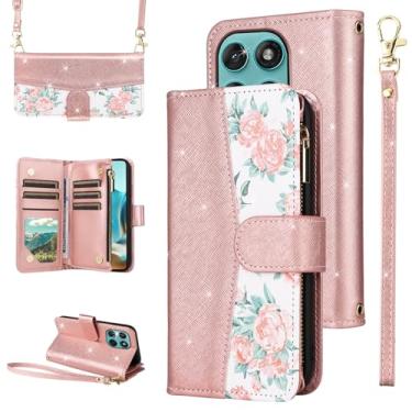 Imagem de Furiet Capa carteira floral para Motorola Edge 60 Fusion com alça de pulso/ombro, suporte de cartão de couro PU com glitter de luxo acessórios para celular 2025 ouro rosa