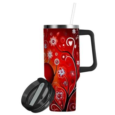 Imagem de ATTX Copo de coração vermelho Valentine de 850 g com alça, copo de aço inoxidável a vácuo de parede dupla com palha, caneca de café de viagem isolada #204