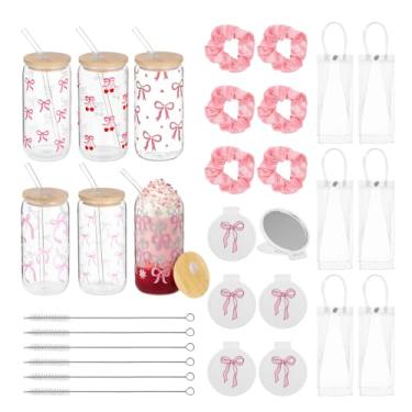 Imagem de FELISTORY Conjunto de copos de vidro com laço de 36 peças com tampas e canudos, caneca de café gelada com laço rosa de 473 ml, inclui espelhos, laços de cabelo e sacos transparentes, presente perfeito