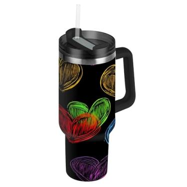 Imagem de ATTX Copo de Dia dos Namorados de 1,134 g com alça, copo de aço inoxidável a vácuo de parede dupla com palha, caneca de café de viagem isolada #512