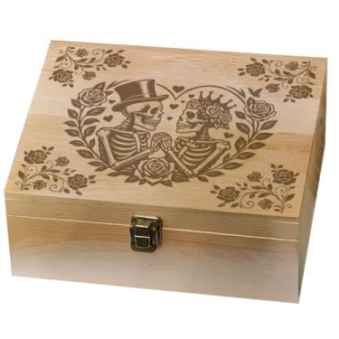 Imagem de arricraft 1 caixa de memória de madeira, esqueleto casal rosas, cartola, coroa, caixa de memória com tampas articuladas, baú de lembrança para lembranças, armazenamento de cartas, 24,5 x 19,5 x 10,3