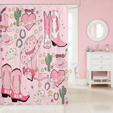 Imagem de Erosebridal Cortina de chuveiro rosa ocidental para meninas sapato de cavalo cortina de banho rosa vaqueiras acessórios de banheiro cortinas de banheiro à prova d'água ferradura ocidental 183 cm L x