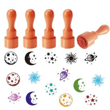 Imagem de AHANDMAKER 5 estilos de mini carimbos de borracha de madeira, padrões de estrelas e lua, carimbos de madeira, tema celestial, carimbo de madeira para artesanato faça você mesmo, cartas, diário