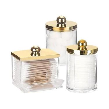 Imagem de Organizador De Banheiro Com Tampa Dourada Para Cotonetes, 10oz E 7oz, 