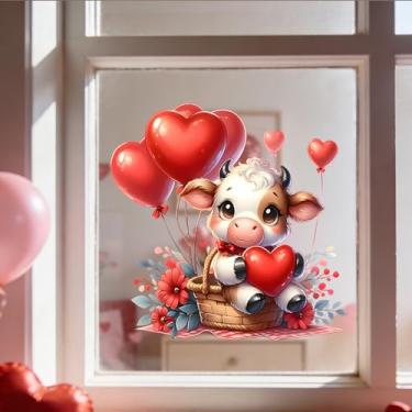Imagem de Adesivos de janela de dia dos namorados fofos de vaca com design de flor de balão de coração reutilizáveis adesivos de janela estática para aniversário festa escolar feriado escritório portas de vidro
