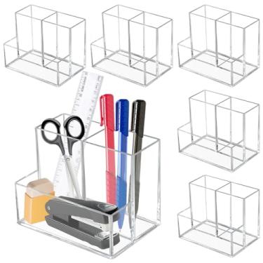 Imagem de ZANAUWEKED 6 porta-lápis de acrílico para mesa, organizador de mesa de acrílico com 3 compartimentos, organizador de canetas, organizador de pincéis de maquiagem, porta-canetas para mesa, escritório