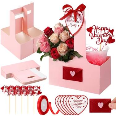 Imagem de Tinlade Conjunto de 20 conjuntos de porta-bebidas rosa descartáveis com alça de topo de palhetas, fita de cartão, envelope de feltro vermelho para o dia dos namorados