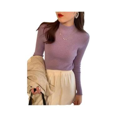 Imagem de Suéter Feminino Slim Fit De Tricô Para Outono Inverno Com Gola Alta Vi