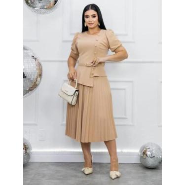 Imagem de Vestido Midi Soltinho Rodado Moda Evangélica Decote Quadrado com Cinto