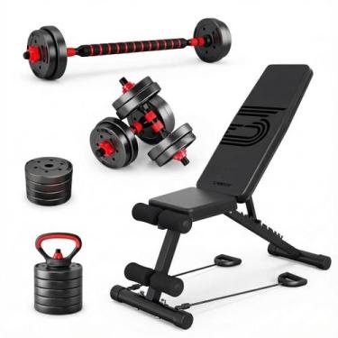 Imagem de Banco Supino Musculação com Kit Halteres Barras Anilhas e Kettlebell R