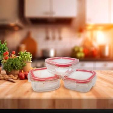 Imagem de Conjunto de 3 Potes de Vidro Borossilicato com Tampa Hermética, 170ml, Formato Quadrado, Transparente com Vedação Vermelha, 9.5x9.5x4.8cm
