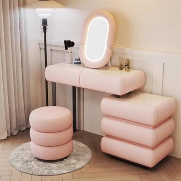 Imagem de Mesa com espelho e luzes - Conjunto de maquiagem com 3 modos de luz ajustáveis e armário de armazenamento para quarto, ideal para aplicações de maquiagem e beleza