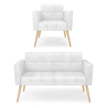 Imagem de Kit 1 Sofá Namoradeira E 1 Poltrona Elisa Corano Pés Palito Natural - D'rossi Cor Branco