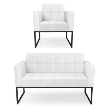 Imagem de Kit 1 Sofá Namoradeira E 1 Poltrona Elisa Corino Base Metálica Industrial Preto - D'rossi Cor Branco