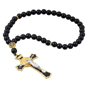 Imagem de Outus Rosário de carro, espelho retrovisor de veículo, contas católicas para mulheres, rosário preto para homens, cruz para pendurar espelho de carro, medalha cruz santa para decoração de automóveis