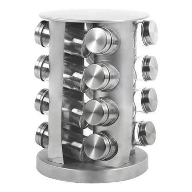 Imagem de Porta Temperos Giratório 16 Potes de Vidro e Inox  Tampa Rosqueável e 