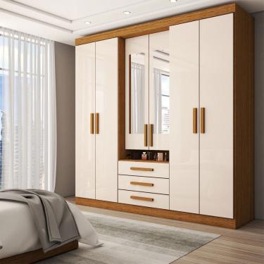 Imagem de Guarda-Roupa Casal Real 6 Portas 3 Gavetas com Espelho 100% Mdf Cinamomo/Off White - Panorama Móveis