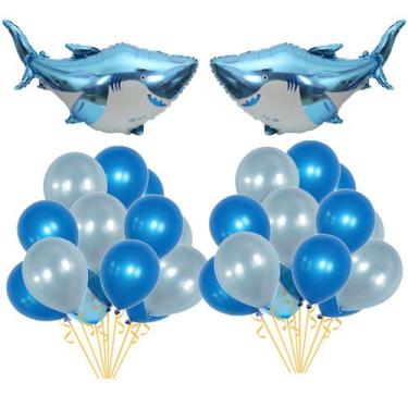 Imagem de Kit de balões de festa Shark, 24 unidades, Blue Mylar com balões de lá