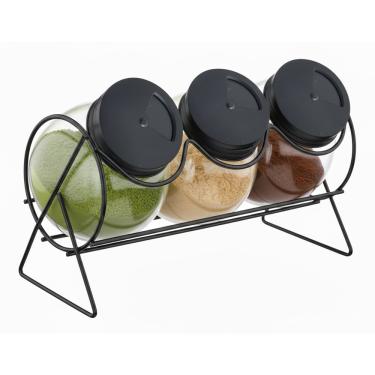 Imagem de Porta Temperos 3 Potes De Vidro 200ml Com Suporte Em Casa Tem