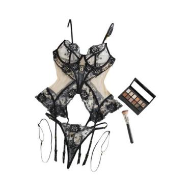 Imagem de Conjunto De Lingerie Sexy Feminina Transparente Em Renda Com Cinto De 