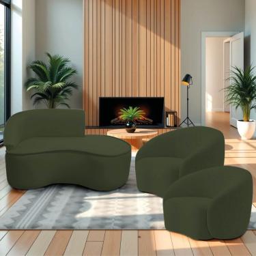 Imagem de Kit Divã Recamier Orgânico Marrocos 150cm Lado Direito E 2 Poltronas Amore Linho Verde