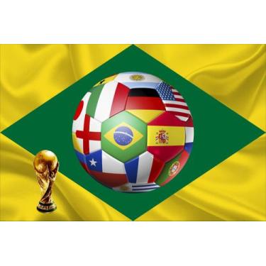 Imagem de Painel de Lona Futebol do Mundo Brasil Troféu Bola Bandeiras - Fabrika