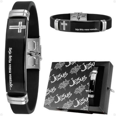 Imagem de pulseira masculina preta placa aço inox pai nosso + caixa social origi