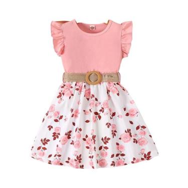 Imagem de Vestido Casual Feminino Com Estampa Floral, Babados E Cinto, Mangas Pe