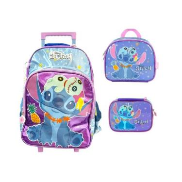 Imagem de Kit Escolar Mochila Rodinhas Estojo Lancheira Stitch Disney, Violeta