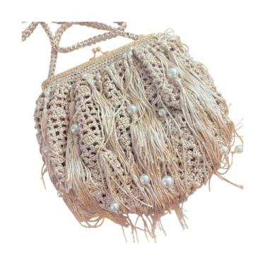 Imagem de Bolsa de Festa Champagne com Franjas e Pérolas  Crochê Artesanal - Pis