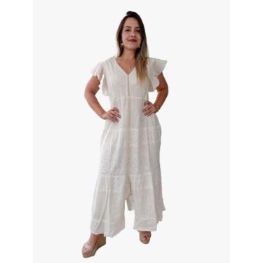 Imagem de Vestido Longo Indiano Crú Bordado c/ Forro Manga Curta Cod.13 - Aleci 
